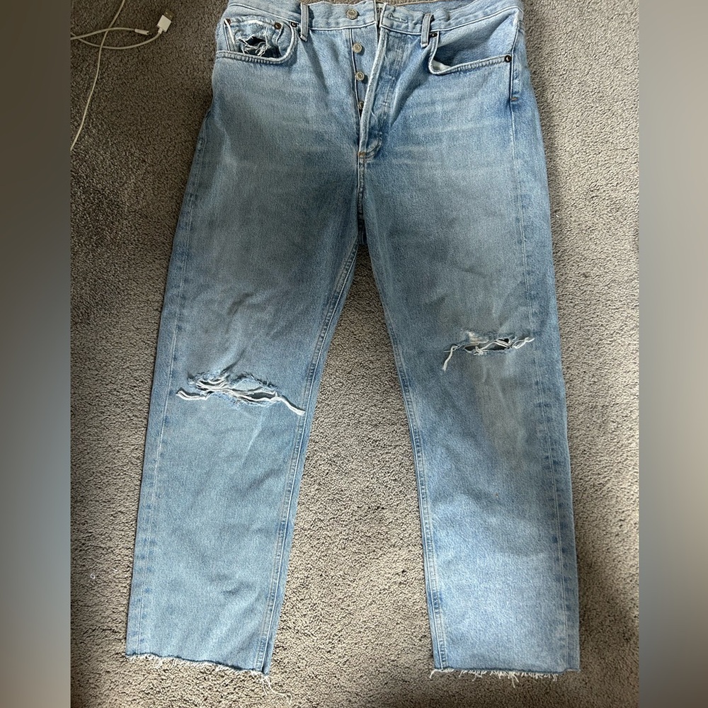 AGOLDE Button fly light blue denim ankle cropped jean